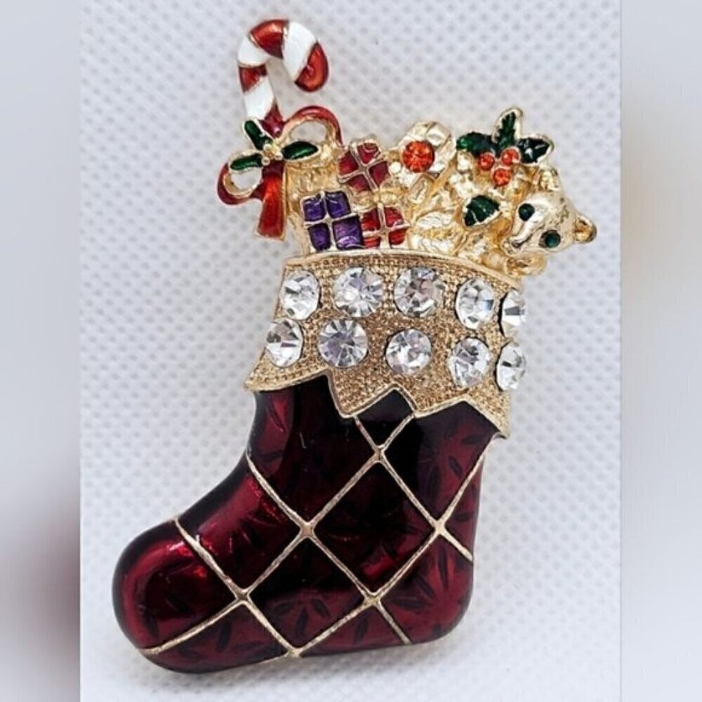 Christmas Stocking Brooch Red Enamel Rhinestone Teddy Bear Holiday Pin